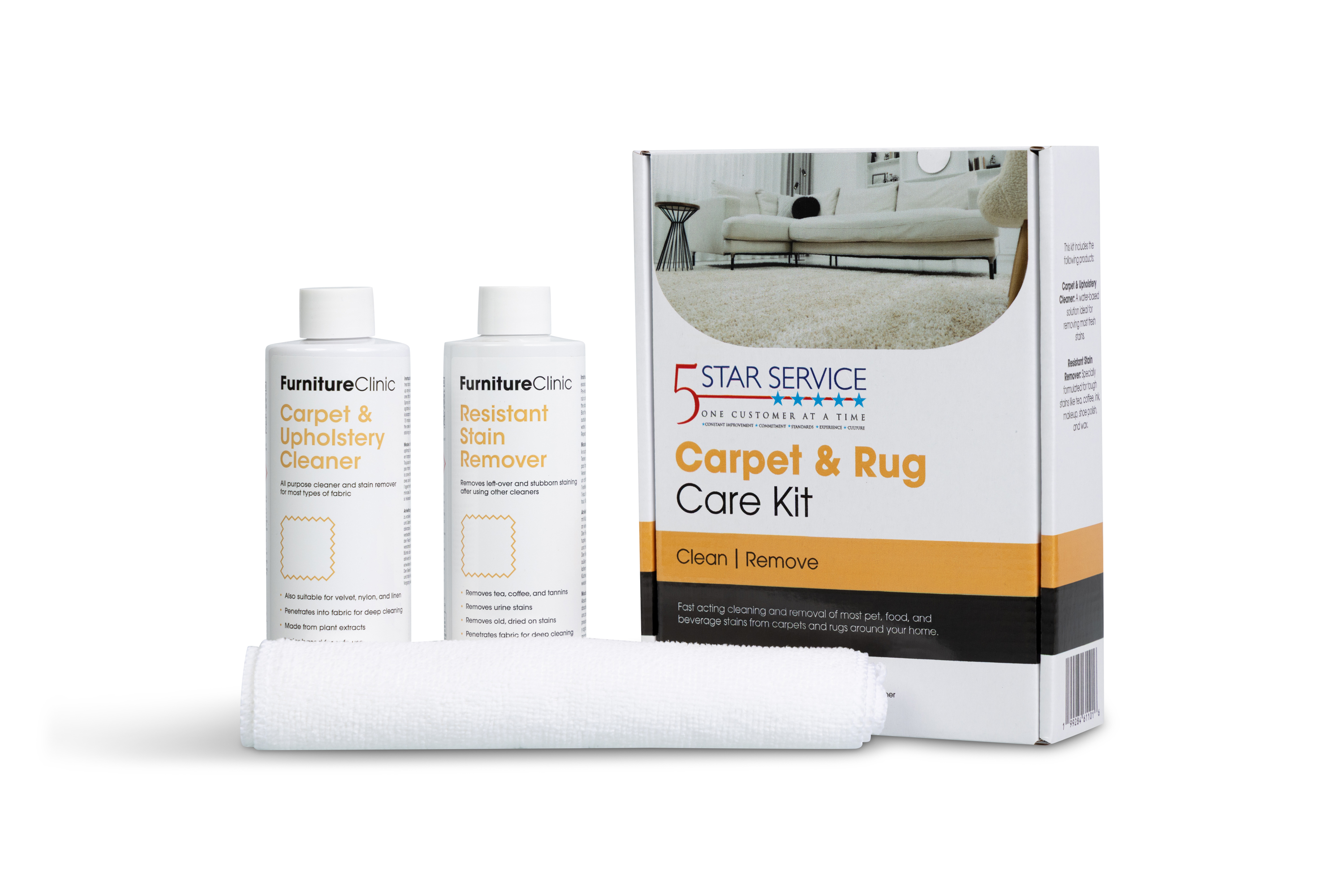 Carpet and rug care kit — fiber cleaner, stain lifter, and brush