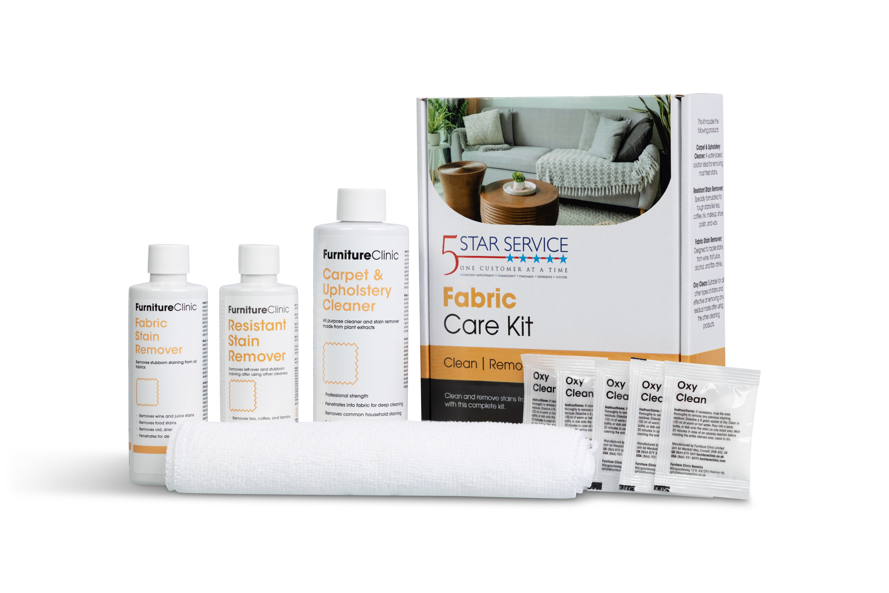 Fabric care kit — spot treatment, fabric protector, and microfiber cloths