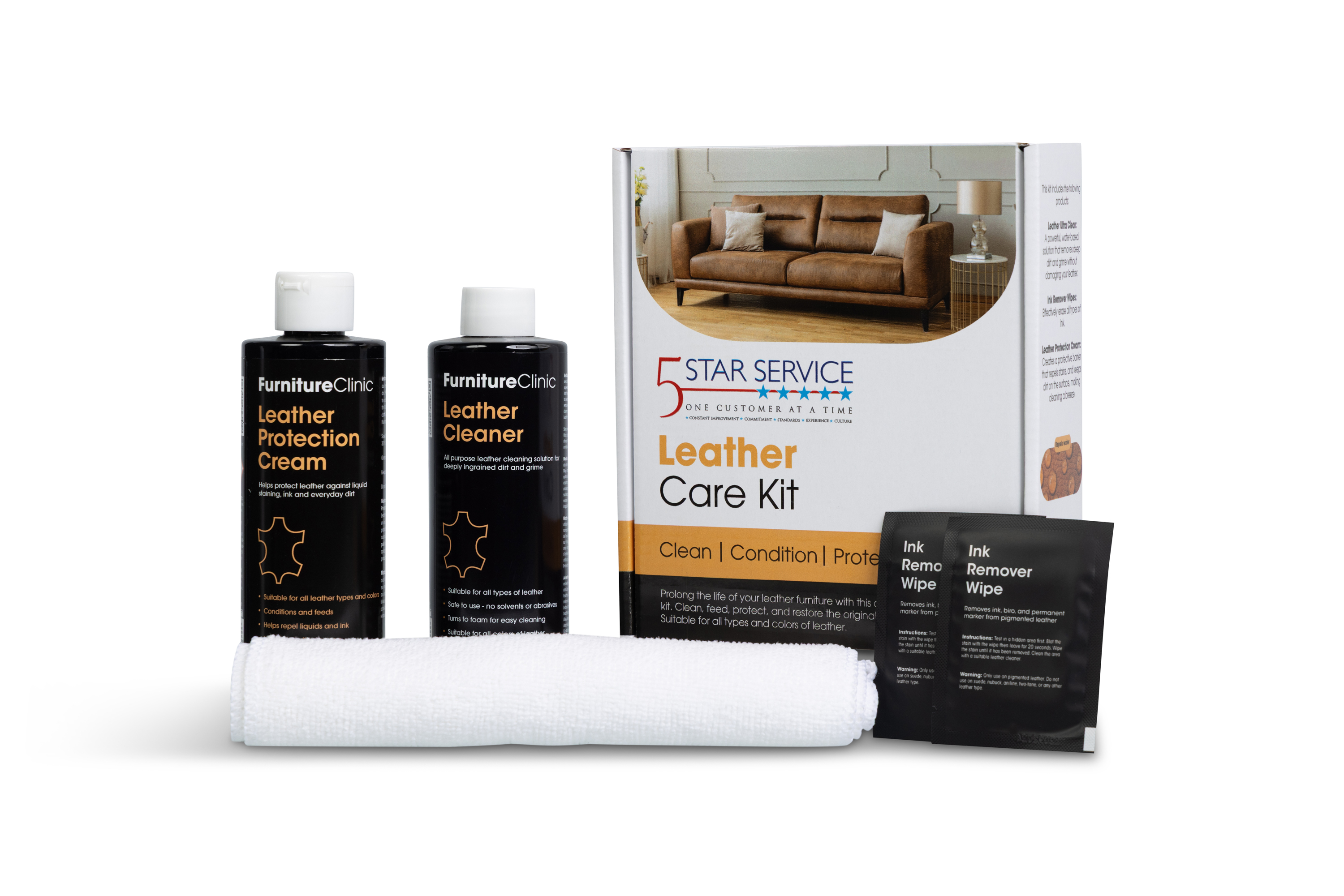 Leather care kit — conditioner, cleaner, and applicator cloths