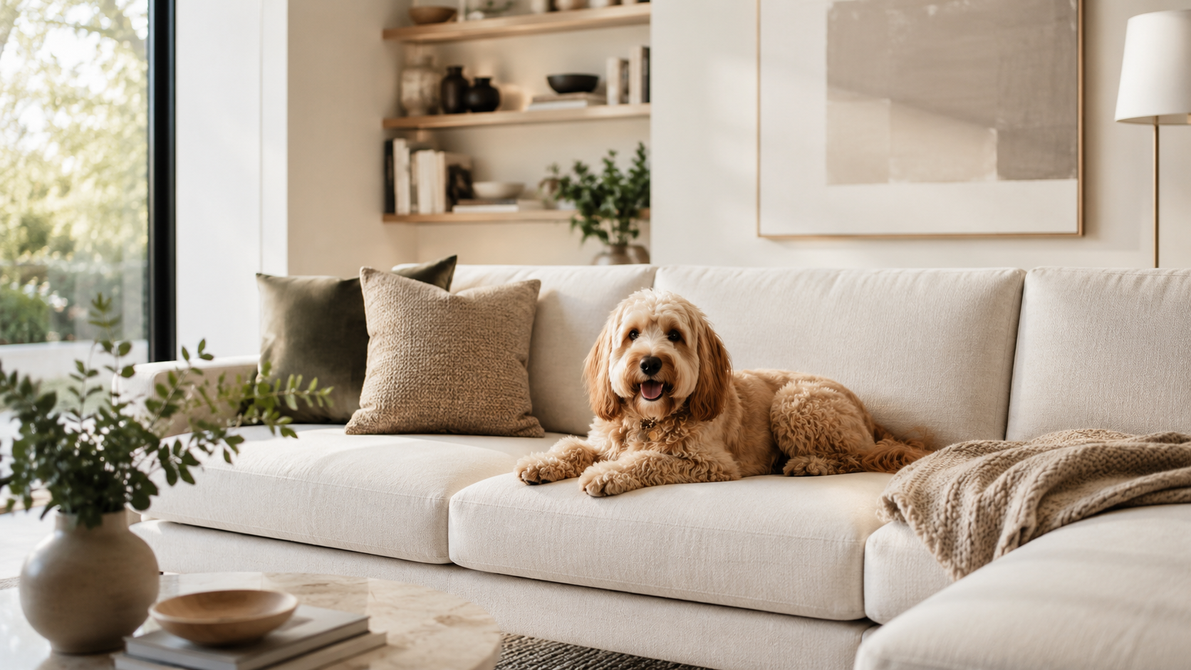 A finished room with the furniture Designer Plan covers — sofa, chairs, rugs, wood