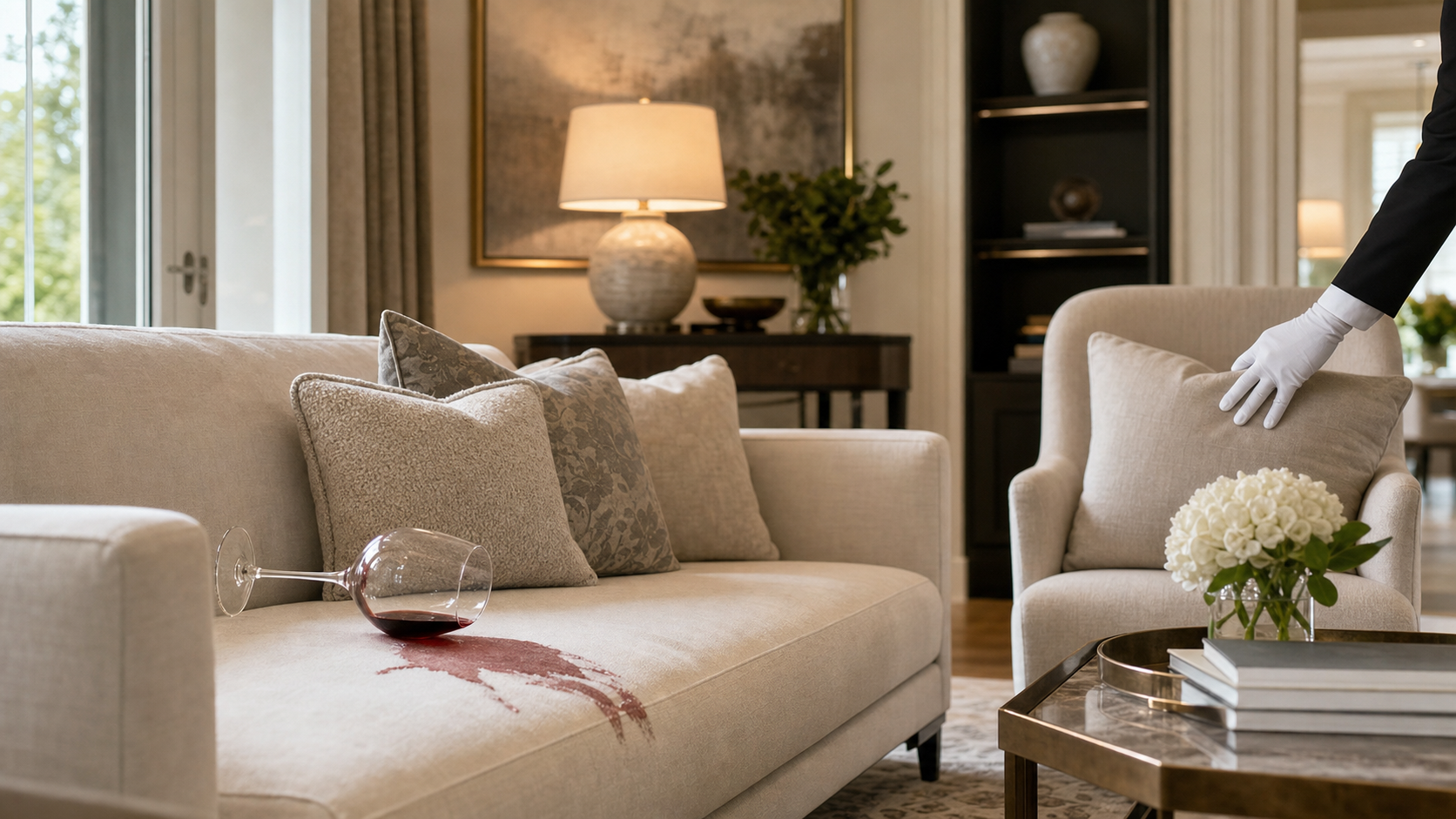 A spilled glass of red wine pooling on a cream linen sofa while a white-gloved attendant tends to a styled living room