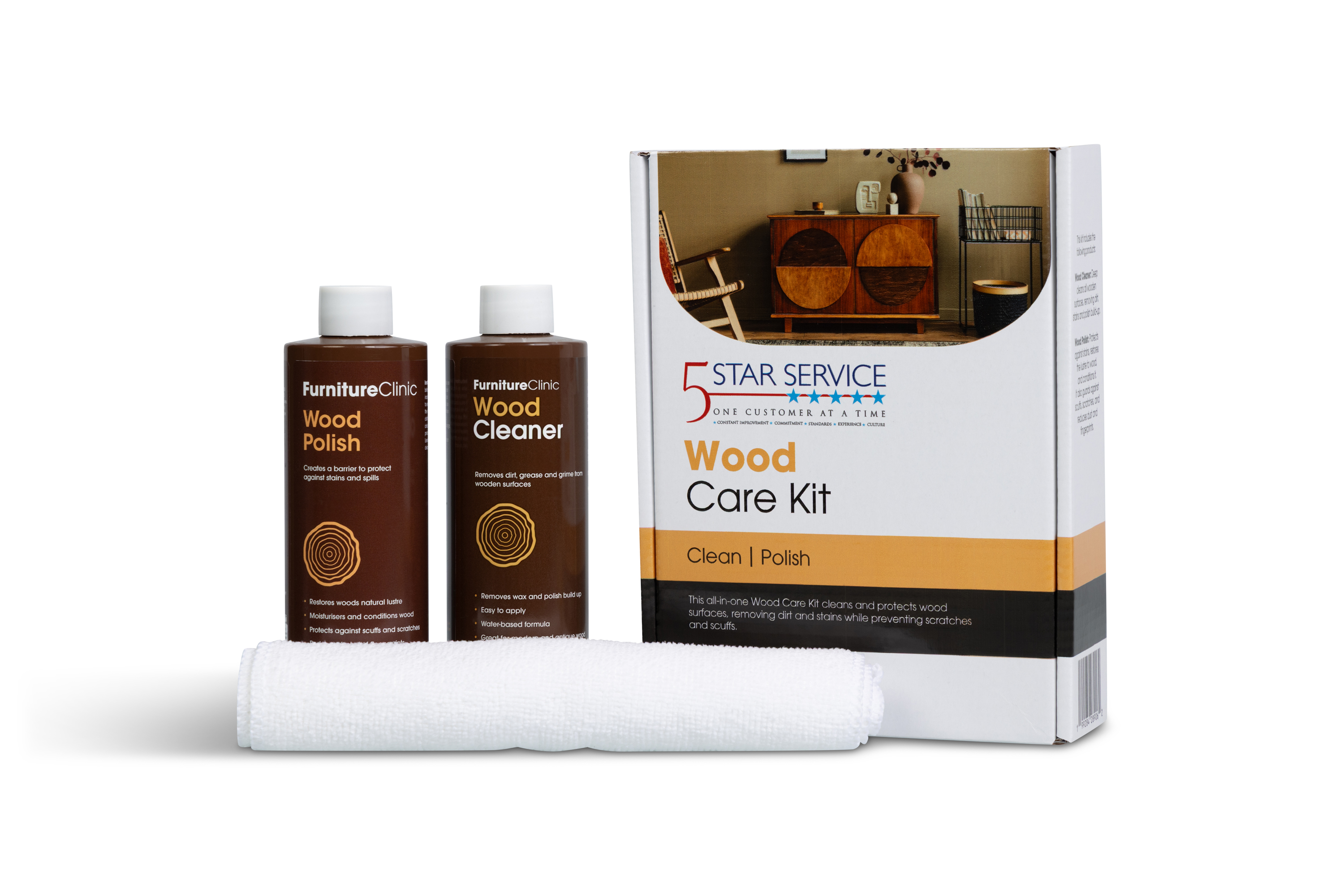 Wood care kit — fillers, finish-matching markers, felt pads